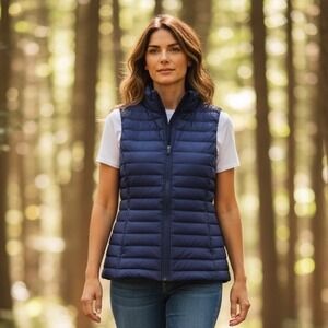 Lands End Down Vest Women Navy Blue Puffer Quilted Full Zip Size S/T Hiking Wint